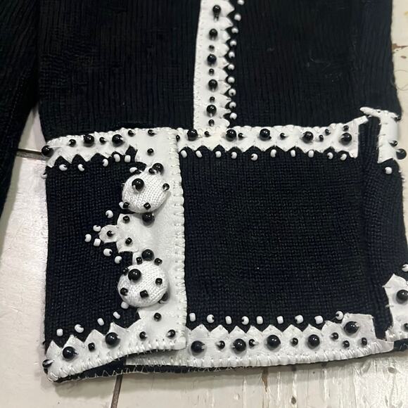 Vintage Knit Cardigan Sweater Black Large Beaded Vegan Leather Trim Satin - Picture 2 of 16